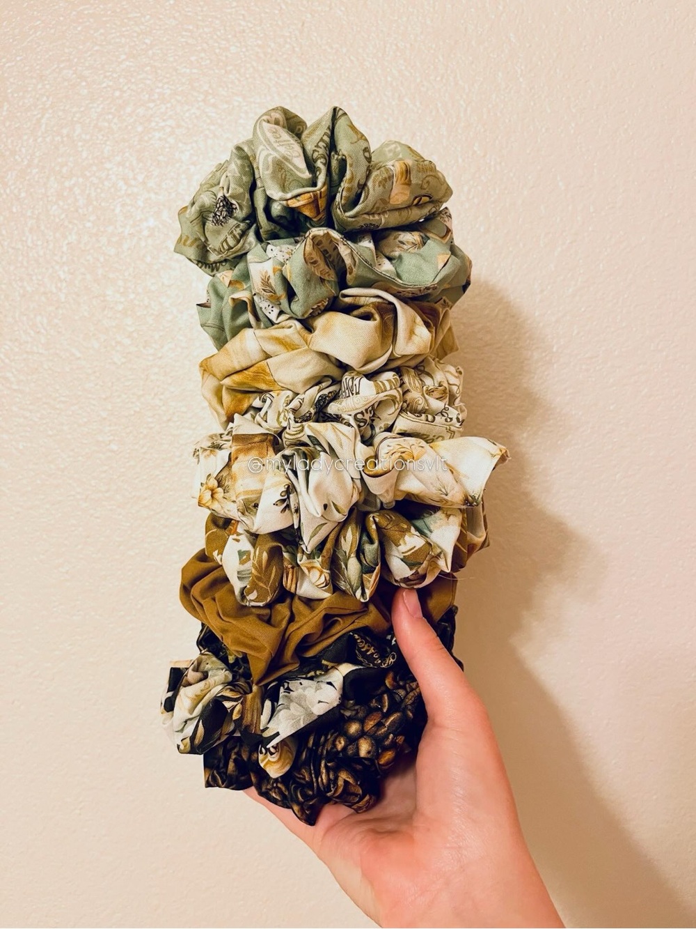 Starbucks Inspired Coffee Floral Cream Sage Brown Handmade Scrunchies